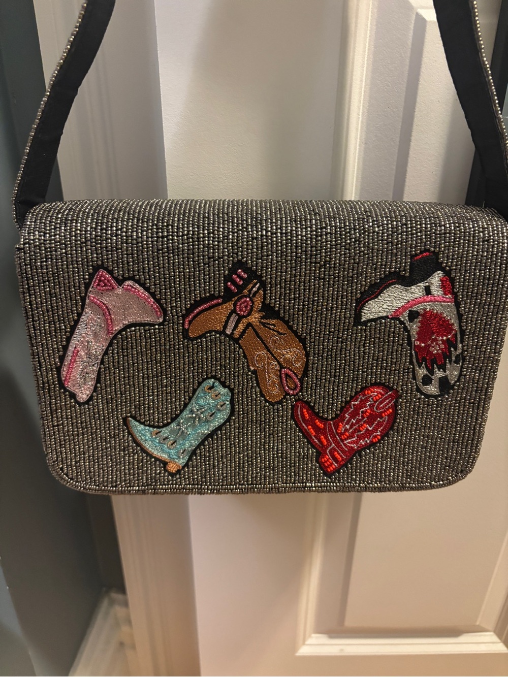 Embellished Metallic Gray Shoulder Bag with Western Boot Patches - Picture 3 of 3